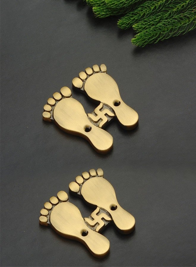 DEVDECOR Handcrafted Brass Lakshmi Charan Paduka with Swastik | Traditional Footprints for Mandir & Home Decor 7.62 x 7.62 cm, Gold Finish - Image 1